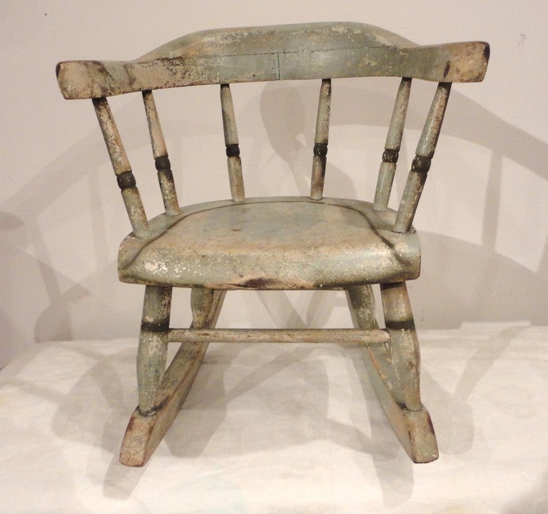 19thc Original Sage Green Painted Childs Rocking Chair From Ohio