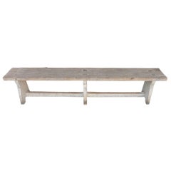 19thc Original White Painted Plank Wood Farm Bench