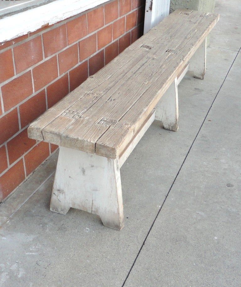 19thc Original White Painted Plank Wood Farm Bench In Distressed Condition In Los Angeles, CA