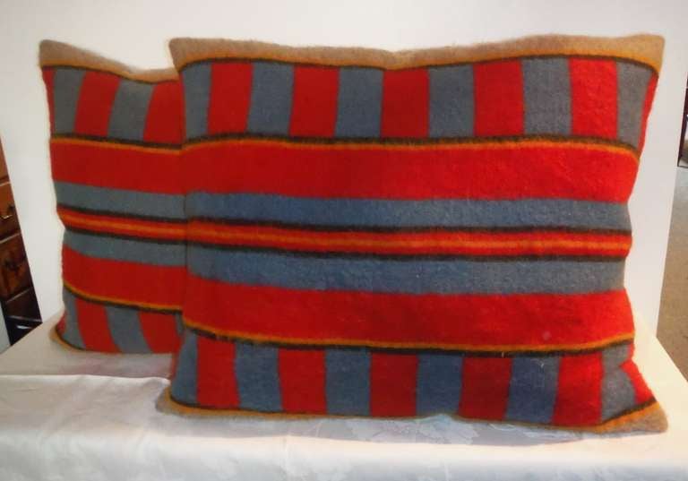 19th Century Red & Blue Horse Blanket Pillows, Pair