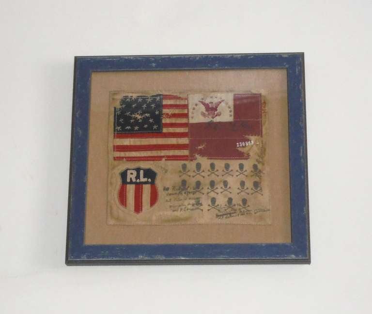 Amazing framed 1967 vintage flag patches from the Ralph Lauren collection sewn on vintage linen. This newly framed patch is in a new distressed blue painted custom frame.  The condition is as noted.