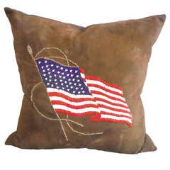 Antique Navajo Patriotic Flag Beaded Pillow On Leather with Linen Backing