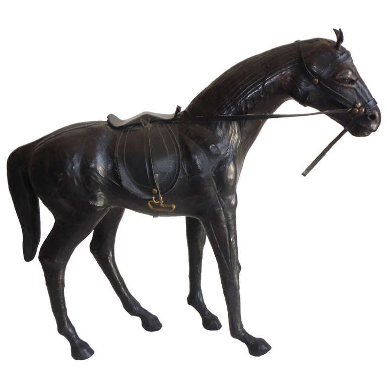Leather Horse Statue with Brass Appointments at 1stDibs large leather