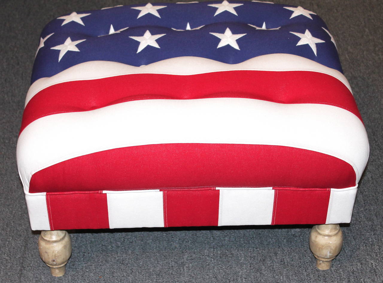 American Upholstered 48 Star Flag Ottoman with Painted Turned Feet
