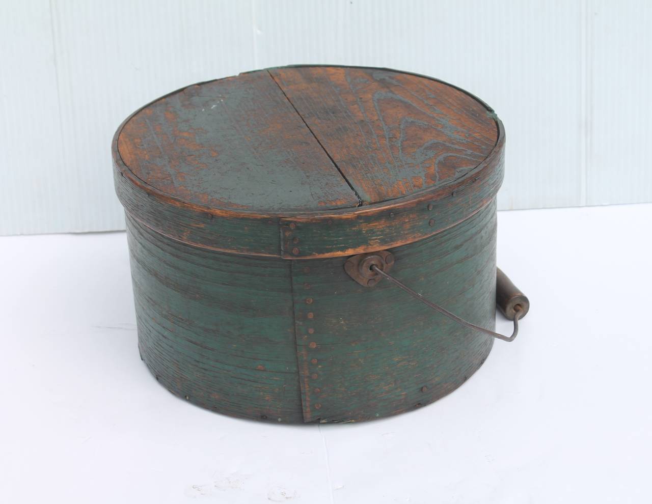 American Colonial 19th Century Original Green Painted Large Bail Handle Pantry Box