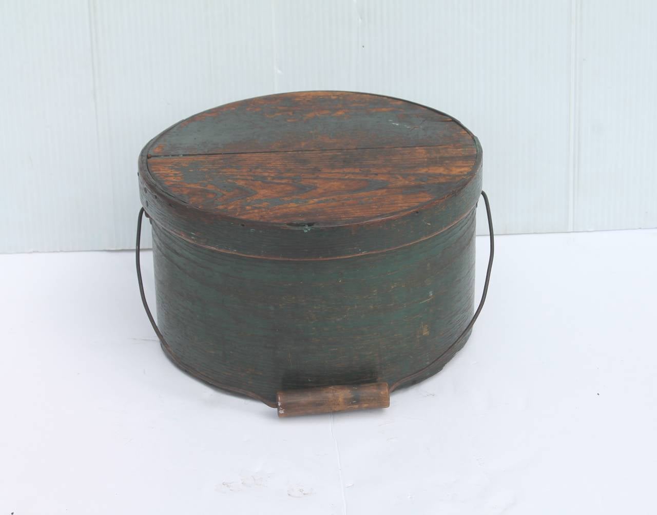19th Century Original Green Painted Large Bail Handle Pantry Box In Distressed Condition In Los Angeles, CA