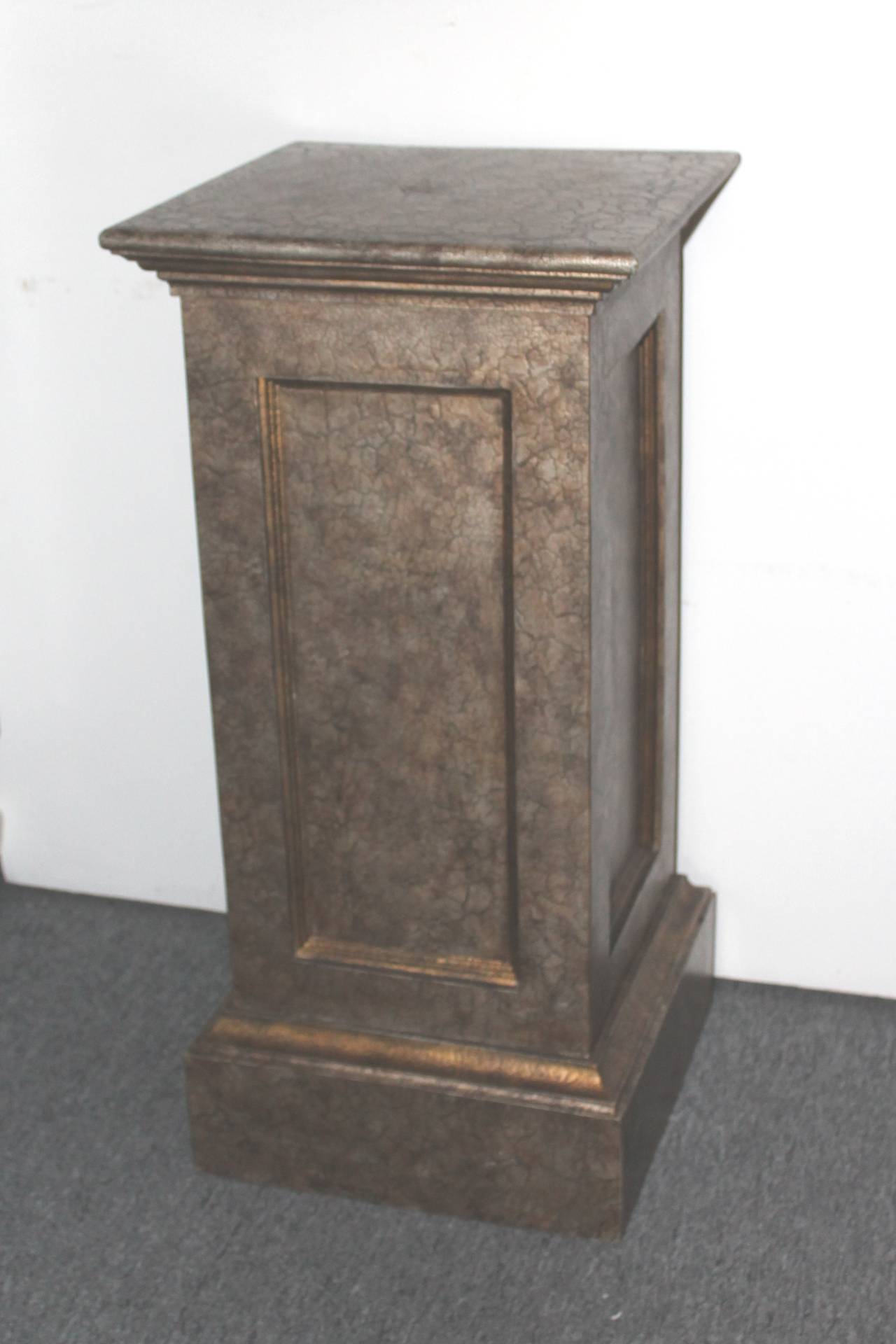 19th century original painted silver or bronze crackle surface pedestal. The condition is amazing and very sturdy. The finish could have been touched up later but looks great. This is a wonderful stand for Folk Art or even modern art.
