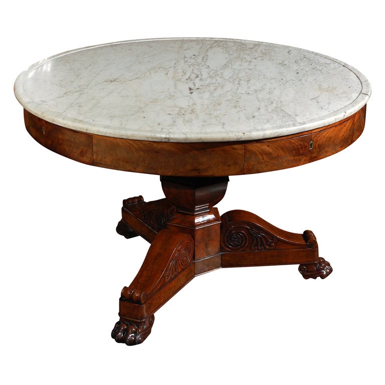 English Gueridon Table in Mahogany with Marble Top, Circa 1810