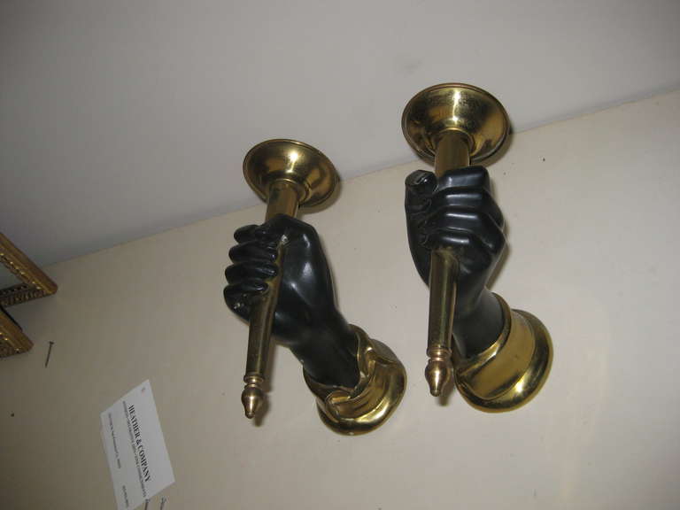 French Bronze and Brass Hands Holding Torches Sconces In Good Condition For Sale In Santa Rosa, CA