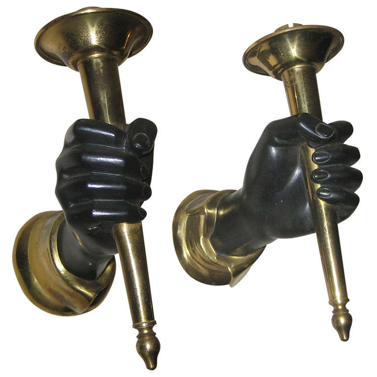French Bronze and Brass Hands Holding Torches Sconces For Sale
