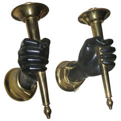 French Bronze and Brass Hands Holding Torches Sconces