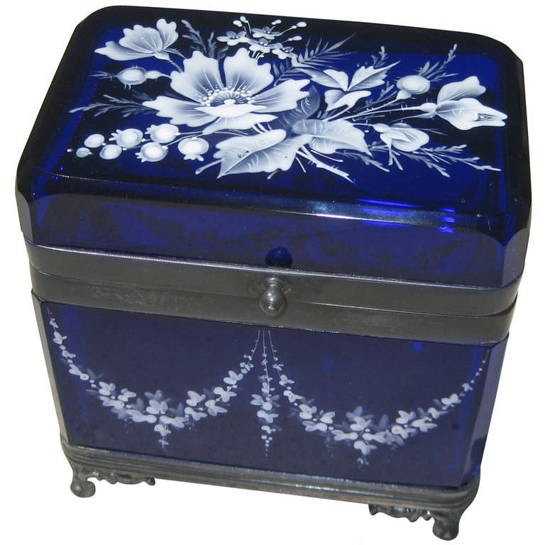 Enameled Cobalt Blue Glass Jewel Casket Box For Sale