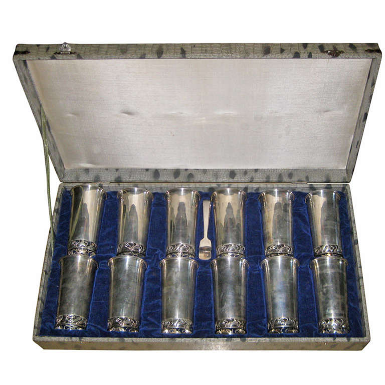 Set of Twelve Japanese Sterling Silver Beakers For Sale