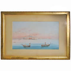 19th Century Grand Tour Gouache Painting of Naples Harbor