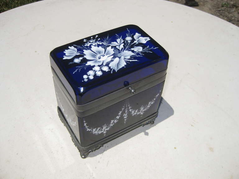 Czech Enameled Cobalt Blue Glass Jewel Casket Box For Sale
