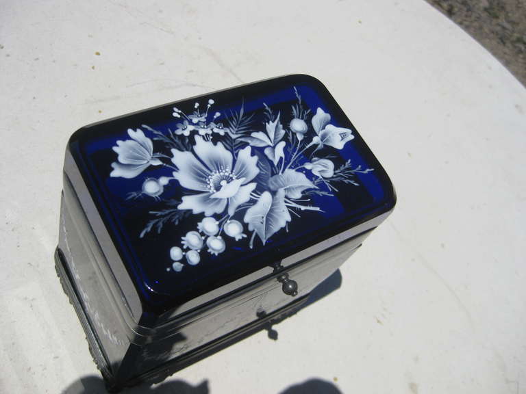 Enameled Cobalt Blue Glass Jewel Casket Box In Excellent Condition For Sale In Santa Rosa, CA