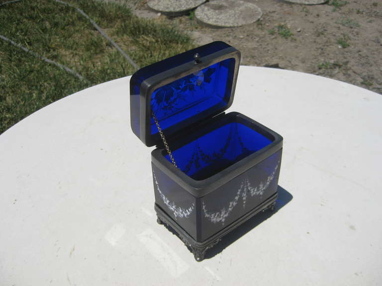 19th Century Enameled Cobalt Blue Glass Jewel Casket Box For Sale