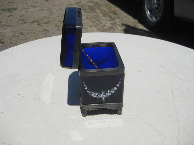 Enameled Cobalt Blue Glass Jewel Casket Box For Sale 1
