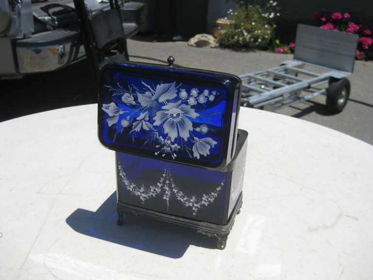 Enameled Cobalt Blue Glass Jewel Casket Box For Sale 2