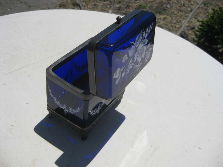 Enameled Cobalt Blue Glass Jewel Casket Box For Sale 3