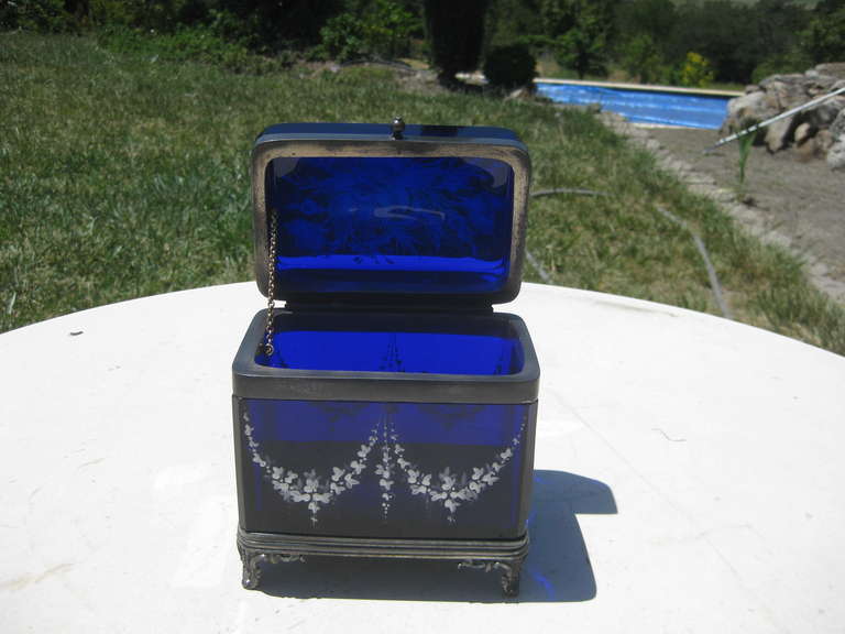 Enameled Cobalt Blue Glass Jewel Casket Box For Sale 4
