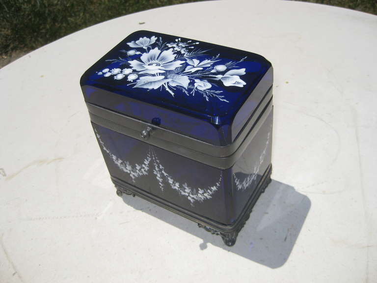 Enameled Cobalt Blue Glass Jewel Casket Box For Sale 5