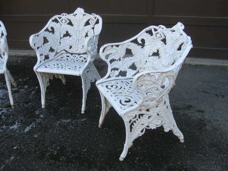 Beautiful set of three Victorian period cast iron garden chairs in the fern pattern.
The seat height is 16 inches