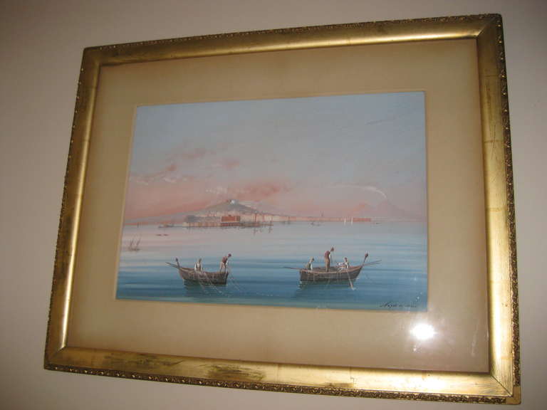 Wonderful view painting of Italian Harbor with volcanos and fishermen.  This 19th C Neopolitan harbor scene is in it's original frame.