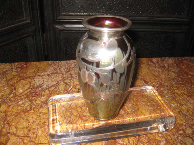 Art Nouveau Loetz Austrian Art Glass Vase with Sterling Silver Overlay For Sale