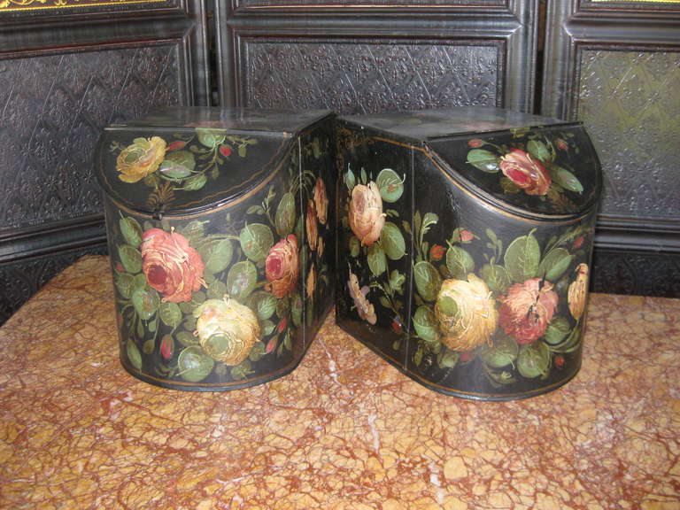 Beautiful Victorian tole  bins with flowers and mother of pearl under some of the painted areas.