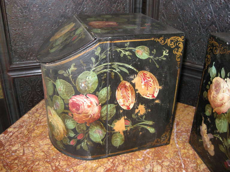 Victorian Pair of Painted Tole and Mother of Pearl Decorated Storage Containers For Sale