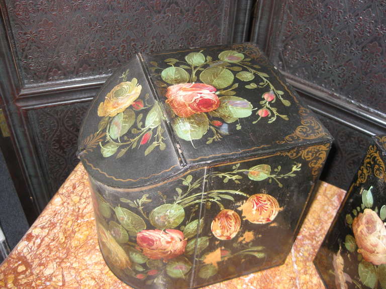 English Pair of Painted Tole and Mother of Pearl Decorated Storage Containers For Sale
