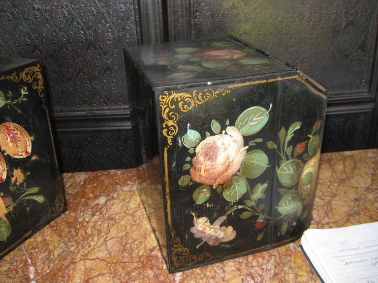 Metal Pair of Painted Tole and Mother of Pearl Decorated Storage Containers For Sale
