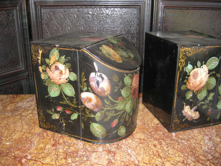 Pair of Painted Tole and Mother of Pearl Decorated Storage Containers For Sale 1