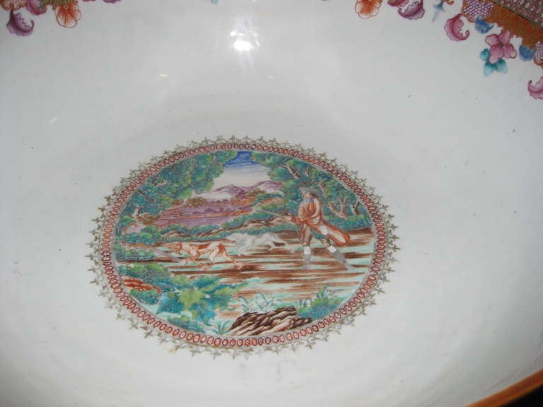 Large 16 inch diameter Chinese export punch bowl with hunt scene.