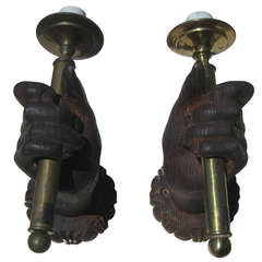 Pair of Late 19th Century Carved Wood, Hand Wall Sconces