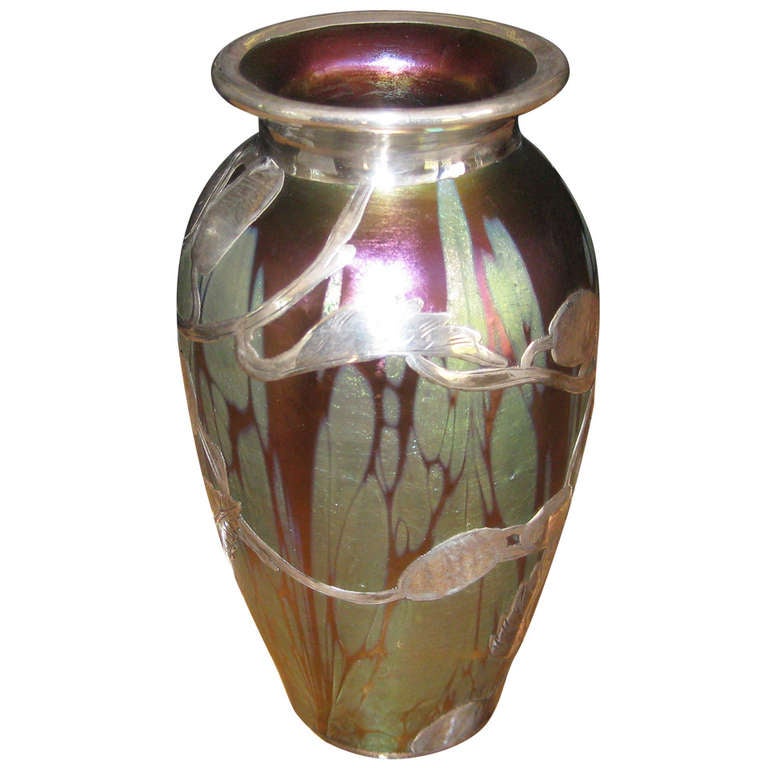 Loetz Austrian Art Glass Vase with Sterling Silver Overlay For Sale