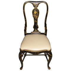 Beautiful 19th Century Queen Anne Style Black Chinoiserie Chair with Leather Seat