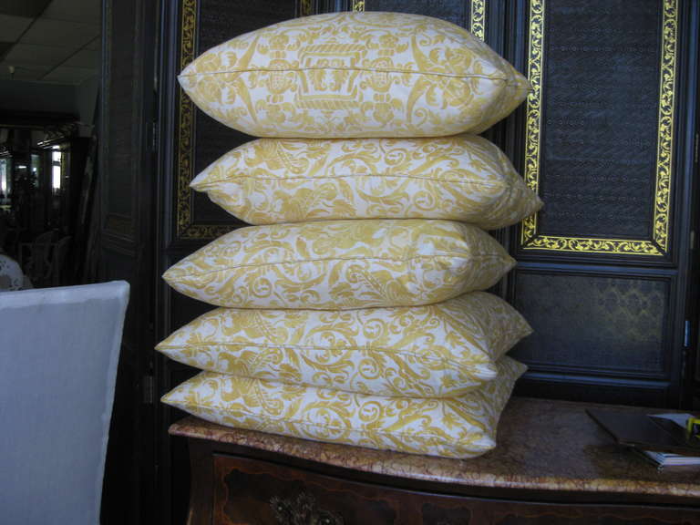 1960s yellow fortuny fabric made into five pillow with new down inserts and zippers.  These are 26 by 27 and 26 by 28. All five are close in size but not exact.