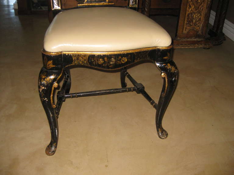 Beautiful 19th Century Queen Anne Style Black Chinoiserie Chair with Leather Seat