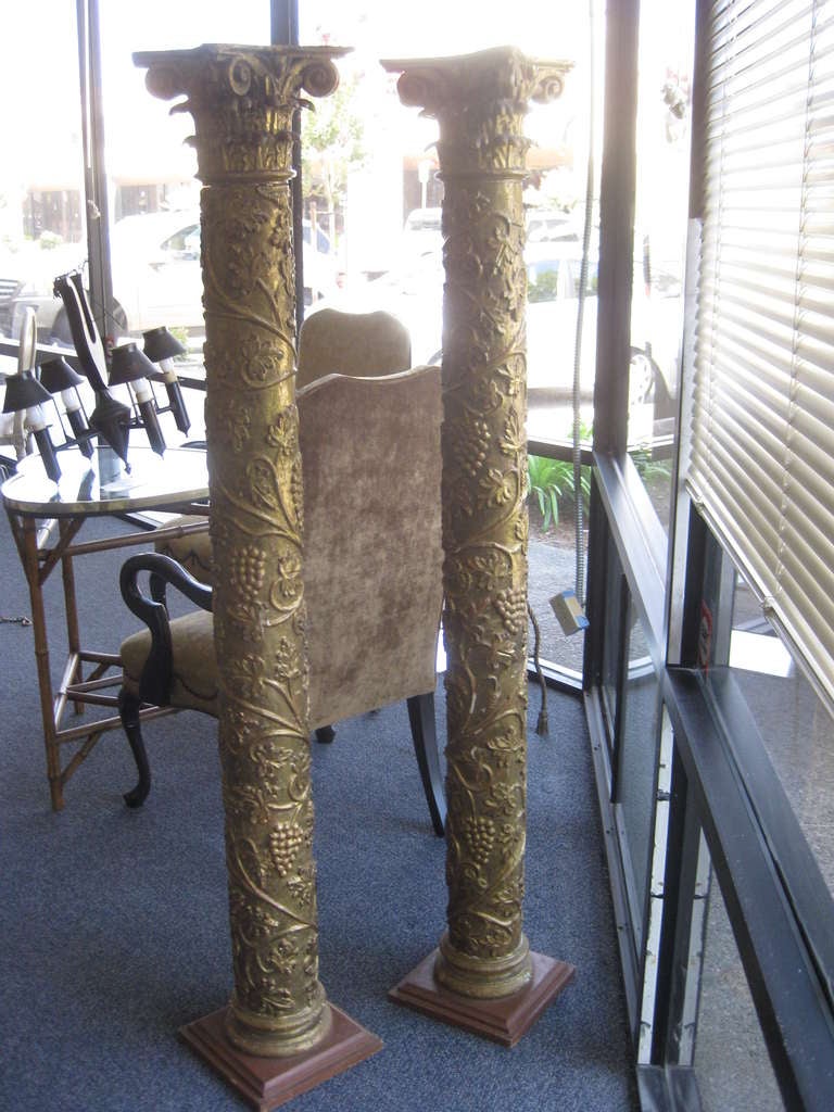 Pair of Crusty Giltwood Columns with Grape Design For Sale 1