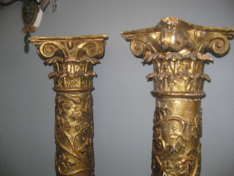 Pair of Crusty Giltwood Columns with Grape Design For Sale 2