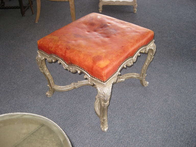 Distressed Red Leather Regence Style Ottoman For Sale 1