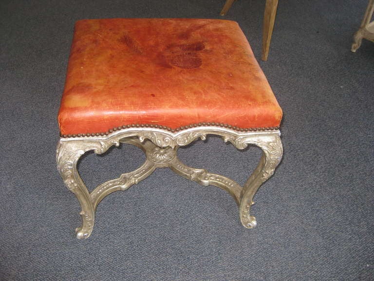Distressed Red Leather Regence Style Ottoman For Sale 2