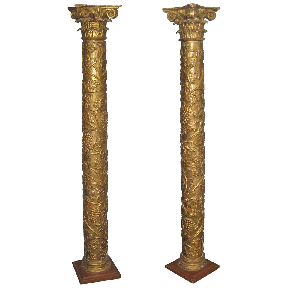 Pair of Crusty Giltwood Columns with Grape Design For Sale