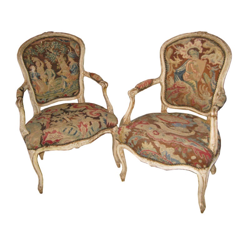 Pair of 18th Century Fauteuil  with Original Painted Finish   &Textile For Sale