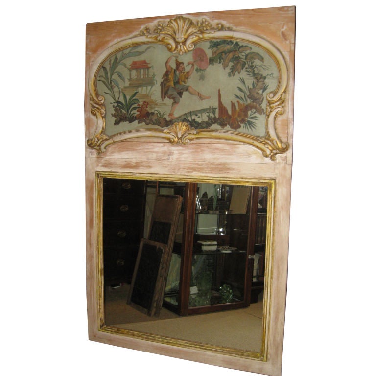 Decorative Trumeau Mirror With Chinoiserie Themed Canvas For Sale