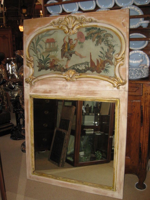 20th Century Decorative Trumeau Mirror With Chinoiserie Themed Canvas For Sale