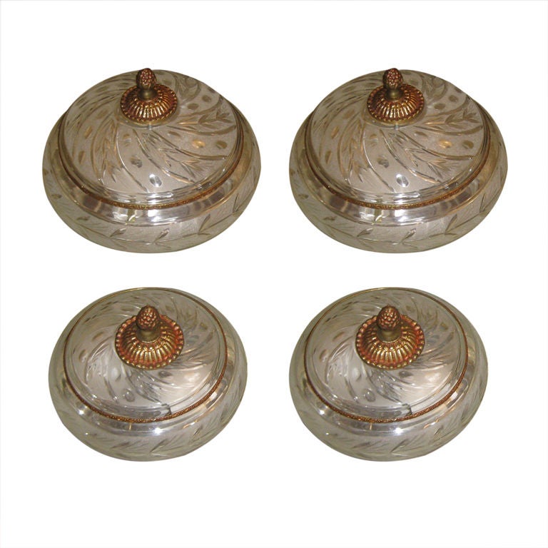 Set of Four Etched and Cut Crystal Flush Mount Lights