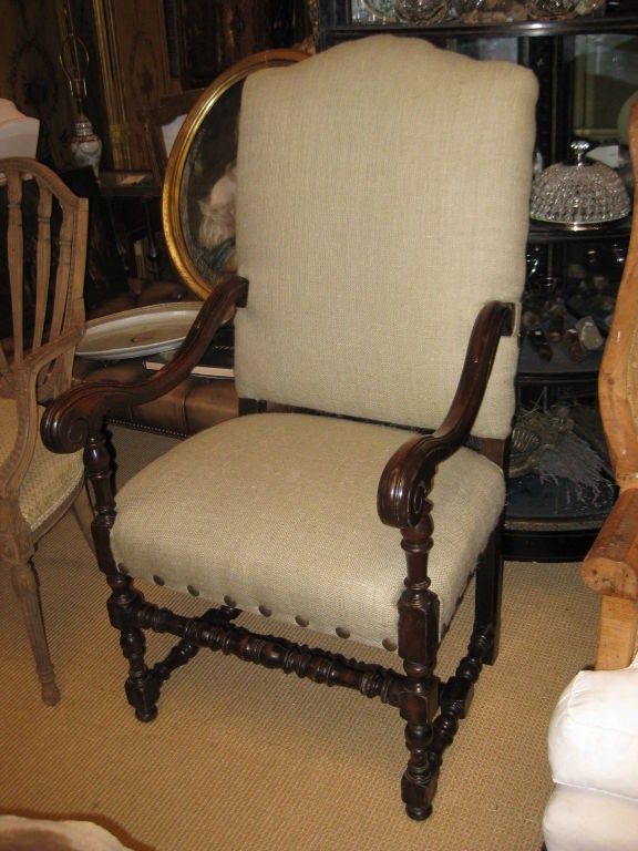 Great looking throne chair with burlap upholstery and large tacs